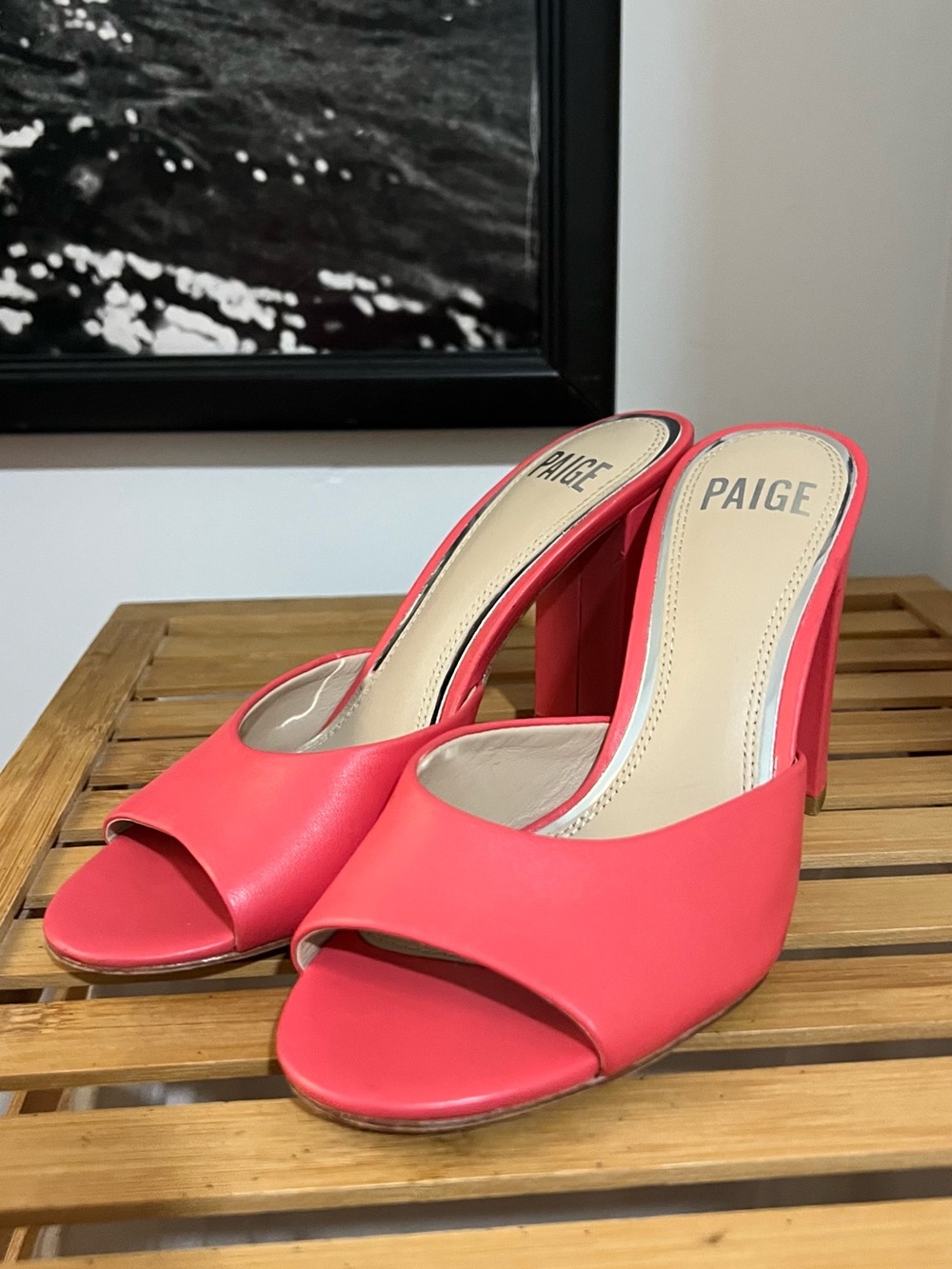 PAIGE Coral Pink Open-Toe Block Heel Mules